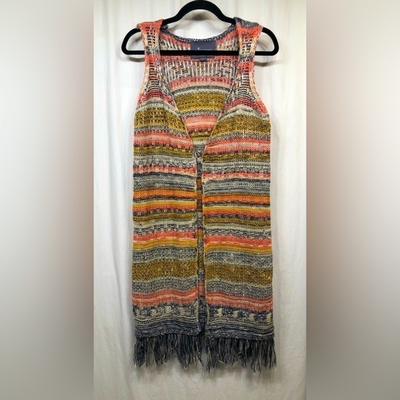 Paper Crane Knit Long Cardigan Duster Multicolor Fringe Open Front Medium - Picture 12 of 16